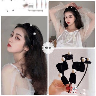 Bờm Nơ Lệch 3 Hạt Ngọc Tiểu Thư / băng đô nơ , phụ kiện tóc nữ phong cách tiểu thư sành điệu - Hari Korea Accessories