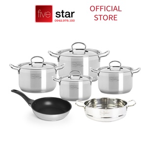 Bộ nồi xửng chảo 3 đáy inox 304 FiveStar Plus vancover bếp từ nắp inox(1N16cm x1N18cm x1N20cmx1N24cm x1chảo26cmx1xửng24)