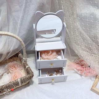 ❣️Kệ Mỹ Phẩm❣️ Mini, Kệ Để Đồ Trang Điểm Có Kèm Gương tai mèo, 2 tầng siêu chắc màu trắng tinh khôi