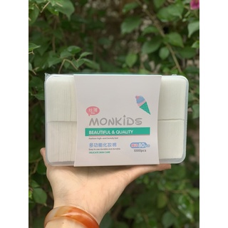Bông tẩy trang 1000 miếng MONKIDS kèm hộp đựng bông tẩy trang cotton tự nhiên mỏng mềm mại bám dính chất tẩy trang tốt