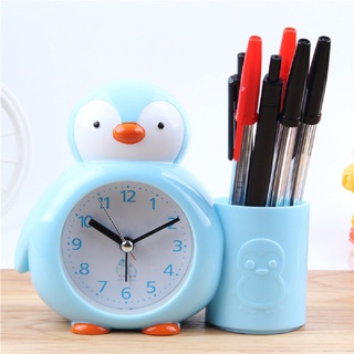 Khay đựng bút viết kiêm đồng hồ báo thức để bàn hoạt hình chim cánh cụt và khủng long