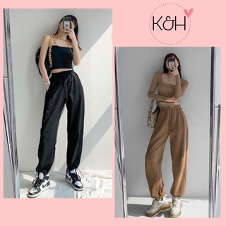 Quần jogger nỉ tăm rút dây KH023, quần ống rộng bo chân nỉ tăm mặc 2 kiểu dáng ulzzang cho nữ