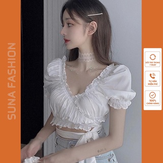 Áo crotop nữ cổ chữ V trễ vai, Áo croptop tay ngắn kiểu SUNA FASHION