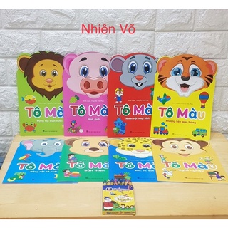 Set 8 quyển vở tô màu cho bé với các chủ đề khác nhau. Tặng hộp sáp tô màu