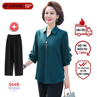 Set Quần Áo Trung Niên S449, Mẫu Áo Sơ Mi Trung Niên Chất Lụa Phối Quần Ống Suông Cao Cấp | Thời Trang Trung Niên U50