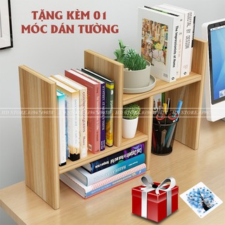Kệ Sách Gỗ - Kệ Sách Để Bàn Làm Việc - Lắp Ghép Đa Năng - Màu Gỗ  TẶNG KÈM 01 móc dán tường 3D (hình ngẫu nhiên)