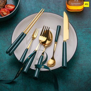 Thìa dĩa dao dĩa đũa thìa muỗng đũa inox mạ vàng tay cầm gốm xanh cổ vịt cao cấp  phong cách Âu [Phụ kiện bàn ăn]