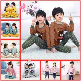 Bộ đồ ngủ tay dài 2 món chất liệu cotton in họa tiết gấu dễ thương cho bé trai và gái