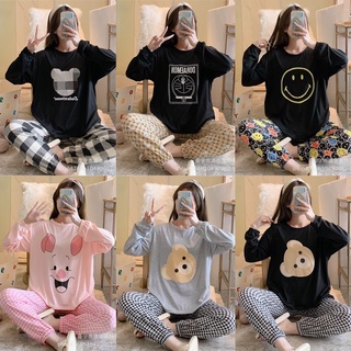[Sẵn] Đồ bộ thun tay dài Quảng Châu, pijama quần dài, đồ mặc ở nhà họa tiết hoạt hình dễ thương