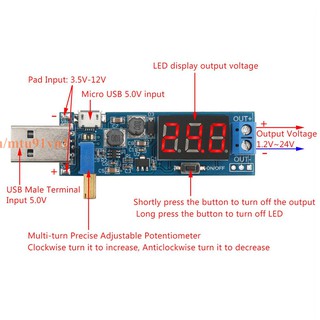 Mạch Nguồn Đa Năng DC1.2-24V 0.5AMạch Tăng Áp Kiêm Giảm Áp DC3.5~12V Ra 1.2~24V USB Và Micro USBNguồn USB Có Màn Led