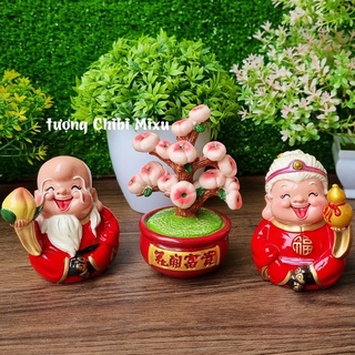 Bộ 02 tượng Ông Bà Thọ / Bách Niên Giai Lão kèm chậu đào trường thọ