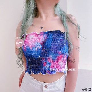 Áo Ống Croptop Viền Bèo Nhún Thân In Màu Loang Đa Sắc 080