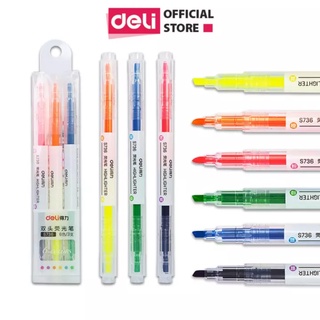 Bộ bút highlight đánh dấu dòng hai đầu dạ quang Deli nhiều màu tiện dụng cho học sinh văn phòng trang trí sổ S736