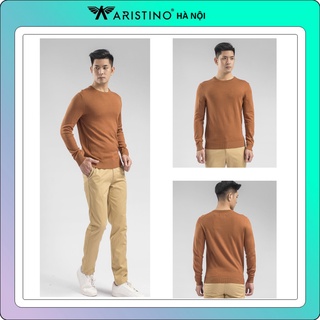 Áo len nam ARISTINO cổ tròn , bo viền màu nâu  AWO001W8
