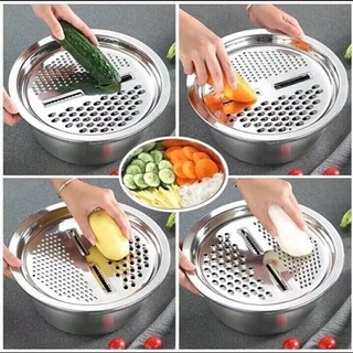 [BỘ 3 MÓN] Bộ bào nạo rau củ kiêm rổ và chậu Inox kèm bào sợi Cao cấp đa năng 3 trong 1, kích thước 26x10x12cm