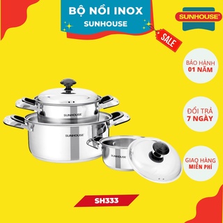 Bộ nồi inox 3 đáy SUNHOUSE SH333, Cấu tạo đáy 3 lớp, Chất liệu inox cao cấp không bị oxy hoá, bền đẹp