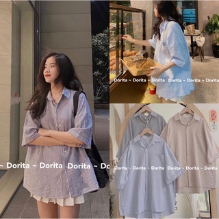 Áo sơ mi kẻ sọc vải đũi xốp tay lửng, Áo sơ mi basic Hàn Quốc - Dorita Boutique