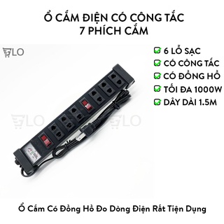 Ổ Cắm Điện Có Công Tắc 7 Phích Cắm Màu Đen