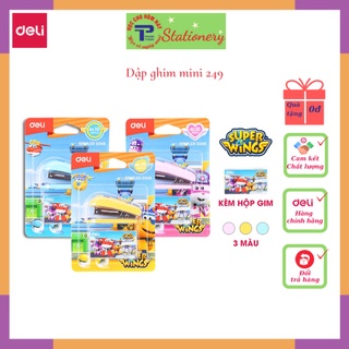 Dập ghim mini #10 Deli Superwings bao gồm hộp ghim Xanh - Hồng - Vàng E0249