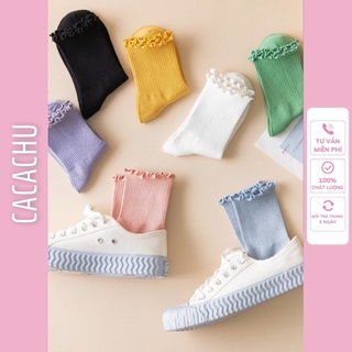 Tất nữ bèo nhún cổ cao dễ thương phong cách vintage hàn quốc nhiều màu giá rẻ CACACHU L07, Vớ nữ cao cấp 1 màu trơn
