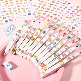 Set 11 Bút Màu 2 Đầu Highlight Dạ Quang Đánh Dấu Lên Màu Pastel Và Dán Sticker Cực Xinh DIY - RosyPosy