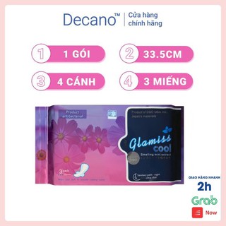 Băng vệ sinh thảo dược Glamiss Cool ban đêm gói 3 miếng 33.8cm 2 cánh dán 2 cánh chống tràn Decano Store