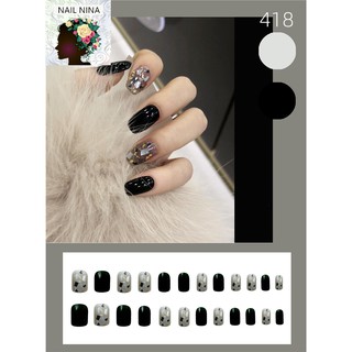 Bộ 24 móng tay giả Nail Nina trang trí nghệ thuật màu đen bạc mã 418【Tặng kèm dụng cụ lắp】