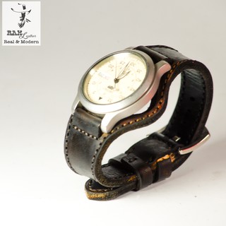 Dây đồng hồ RAM Leather vintage BX da bò đen Italia Vegtan kiểu quân đội bundstraps