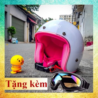 COMBO nón bảo hiểm 3/4 trắng lót hồng tặng kính uv theo nón - Mũ bảo hiểm 3/4 nhiều màu kèm kính đi phượt siêu cute