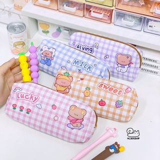 Túi bút da Gấu kẻ ô size vừa