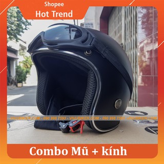 Nón mũ bảo hiểm 3/4 đen nhám lót đen kèm kính UV cực đẹp - Nón bảo hiểm 3/4 màu đen nhám kèm kính nón 3/4