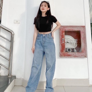 Quần Jean Nữ Ống Rộng Gài Nút 2 Bên Lưng Unisex Ulzzang - Kiểu quần bò nữ jeans cạp cao form Leevin Store - J2031