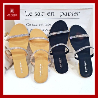 [NOWSHIP HN] Dép nữ đi lê quai ngang đính đá sáng da đế bệt mặt chống nước đi chơi đi biển xinh mới hot mũi tròn đen/kem