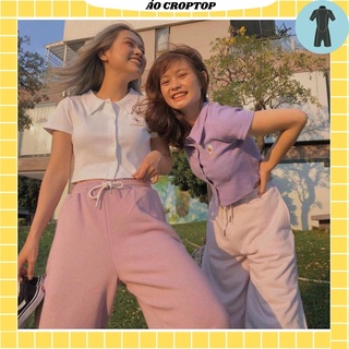 Áo croptop cổ bẻ polo nữ tay lỡ , from rộng, freesize , thun cotton mềm mịn