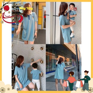 ANU95 - ÁO ĐÔI XANH CỔ BẺ TRẮNG MICKEY MOUSE MẸ VÀ BÉ