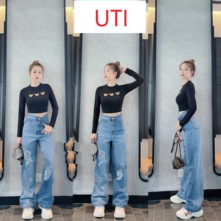 [ MẢNG TO ] QUẦN JEAN ỐNG RỘNG NỮ LƯNG CAO RÁCH 2 MẢNG TO LOANG MÀU XANH CAO CẤP UTI ĐỦ SIZE S, M, L FORM CHUẨN