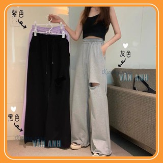 Quần Ống Rộng Rách Gối Dành Cho Nữ 2 Màu Đen Xám, Baggy Cạp Cao Siêu Sexy