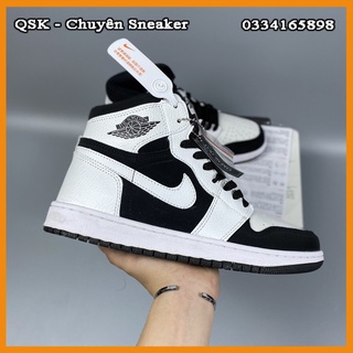 Giày Thể Thao Nữ Jordan 1 Mid White Black Da Nhăn Fullbox, Giày Sneaker Nữ JD 1 Cổ Mid Trắng Đen Xinh Dễ Phối Đồ