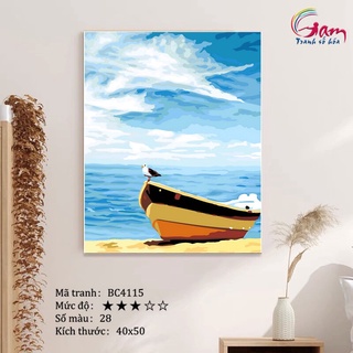 Tranh tự tô màu số hóa Gam Biển xanh nắng vàng chim hải âu BC4115