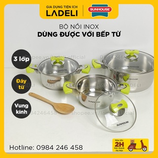 Bộ nồi inox 3 đáy SUNHOUSE SH336 phi 16-18-24cm vung kính đáy từ