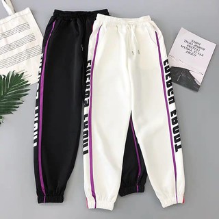 Quần jogger nam nữ chất liệu nỉ bông phối chữ chạy sọc form 65kg E017