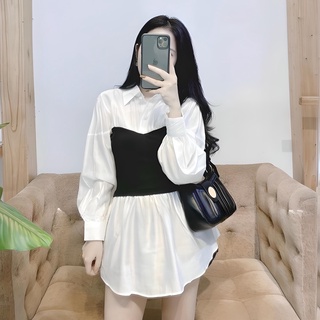 áo sơ mi phối màu cổ bẻ kiểu babydoll xinh xắn