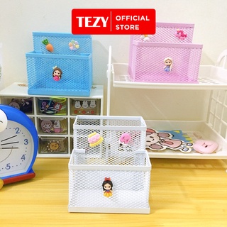 Khay cắm bút 2 ngăn kim loại màu hồng/ xanh/ trắng - ống đựng bút kim loại để bàn Tezy