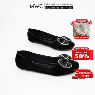 Giày Búp Bê Thời Trang MWC Mũi Vuông Thiết Kế Vải Caro Đính Nơ Xinh Xắn Thời Thượng Màu Đen Kem NUBB- 2235