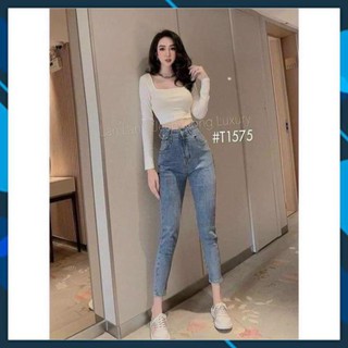 Quần jean cạp cao túi nắp 2 màu xanh đậm xanh nhạt chất jean đẹp thời trang Banamo Fashion 763