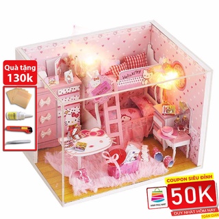 Nhà búp bê lắp ghép có đèn Led Hello Kitty Tặng kèm mica che bụi và dụng cụ lắp ráp
