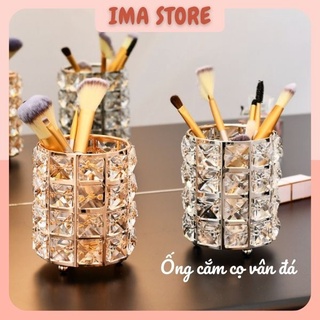 Ống cắm cọ trang điểm IMA Store ốp đá pha lê cao cấp màu vàng và bạc sang trọng