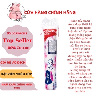 Bông Tẩy Trang Aura 150 Miếng, Mềm Mịn Chính Hãng, Cotton, Dập Viền,  Nhiều Lớp.