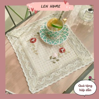 RH/Tấm lót ly cốc bình hoa thêu ruy băng Vintage trang trí phòng bếp decor phòng khách kiểu Âu