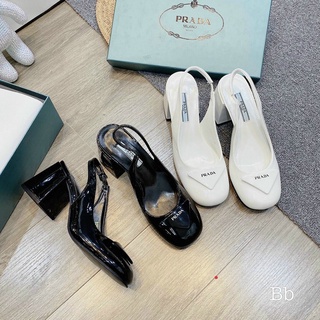 Giày sandal cao gót búp bê da bóng PD đen trắng 7 phân phong cách